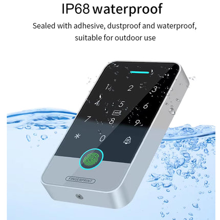 A silver and black biometric keypad lock floating above water, with text at the top reading 'IP68 waterproof' and 'Sealed with adhesive, dustproof and waterproof, suitable for outdoor use.'.