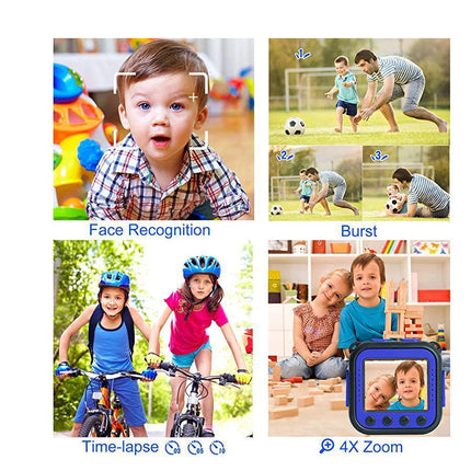 A collage showing four demonstration panels for a baby monitor or security camera: face recognition on a baby's face, burst mode with a parent and child outdoors, time-lapse with two children on bicycles, and 4X zoom with a baby portrait displayed on a monitor screen. The collage is on a white background with blue labels.