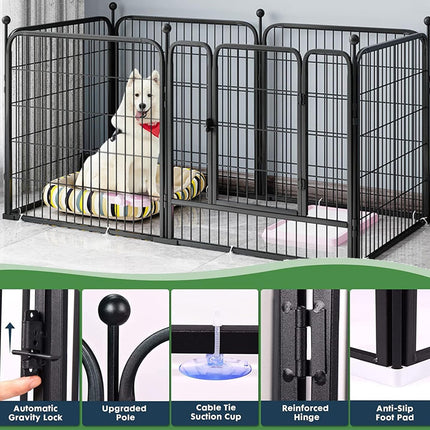 Black metal dog playpen with a white dog sitting inside on a striped cushion, shown with feature callout panels at the bottom detailing the gravity lock, upgraded pole, suction cup, reinforced hinge, and anti-slip foot pad.