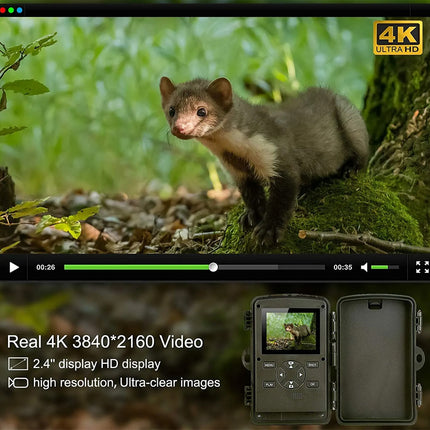 Wildlife camera with 4K display showing a small animal in a natural setting