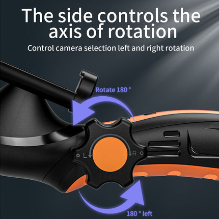Camera control mechanism with text explaining axis of rotation and camera selection on a dark background