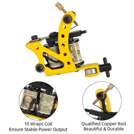 Yellow and black tattoo machine shown on a white background with two circular detail insets and text reading '10 Wraps Coil Ensure Stable Power Output' and 'Qualified Copper Rod Beautiful & Durable.' The product itself is the tattoo machine; the inset circles and caption are explanatory callouts, but the main image still primarily shows the product rather than a standalone instruction diagram.