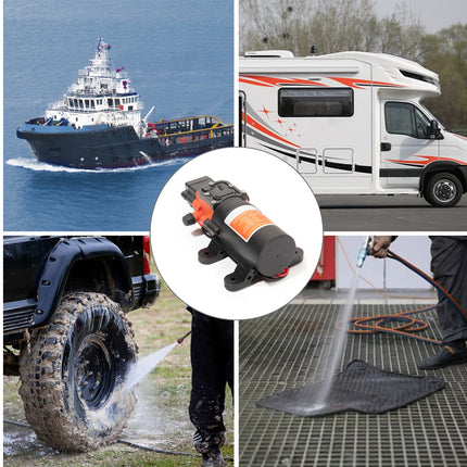 A collage showing a small black and orange pump or filter component in the center, surrounded by four lifestyle photos: a ship at sea, a white motorhome, a tire being washed, and a person cleaning a mat with a hose.