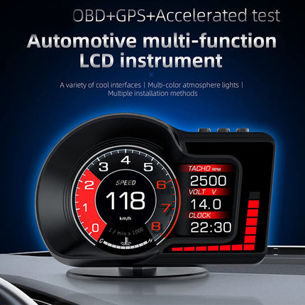 Automotive multi-function LCD instrument with digital display on a dark background