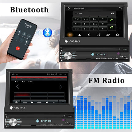 Car stereo system with Bluetooth and FM radio functions, displayed on a white background.