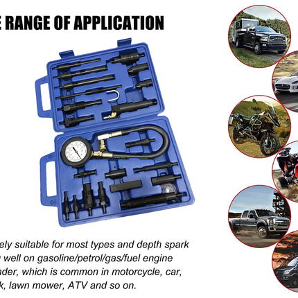 Blue tool kit with spark plug testing equipment on a white background, surrounded by images of vehicles.