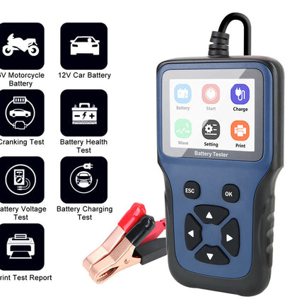 Blue and black handheld automotive battery tester with a color screen and attached red and black clamps, shown on a white background with feature icons for motorcycle battery, car battery, cranking test, battery health test, battery voltage test, battery charging test, and print test report.