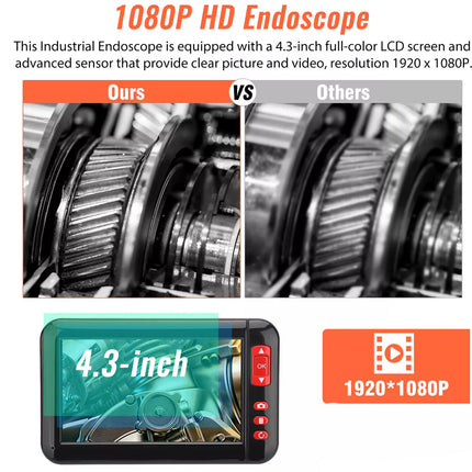 Promotional graphic for a 1080P HD endoscope camera, showing a comparison between 'Ours' and 'Others' close-up views of a mechanical gear assembly, plus a small preview of the 4.3-inch display and a badge indicating 1920x1080 resolution.