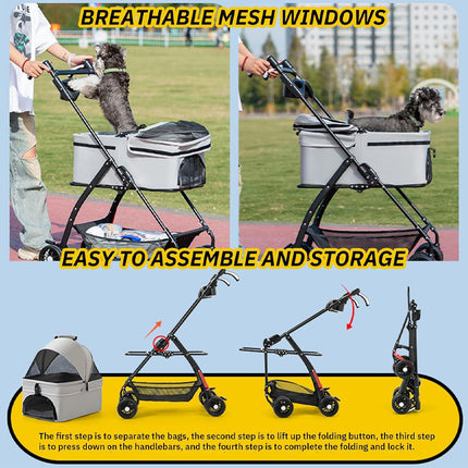 Pet stroller with breathable mesh windows, easy to assemble and store, on a light blue background.
