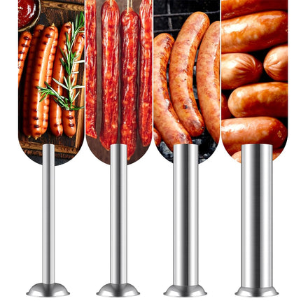 Set of four metal sausage links with various sausages in the background
