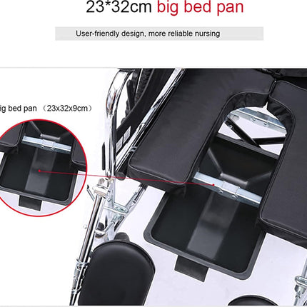 Black bed pan with dimensions 23x32cm on a medical device, close-up view.