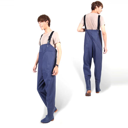 Person wearing blue overalls from front and back views on a white background
