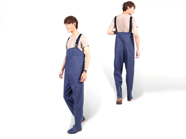 Person wearing blue overalls from front and back views on a white background