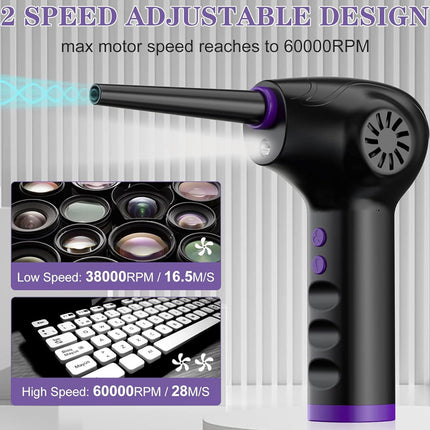 Black and purple handheld device with adjustable speed design, showing speed specifications on a white background.