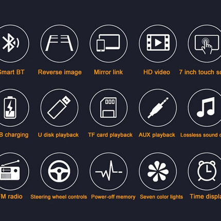 A dark promotional graphic showing 15 white feature icons with orange labels, including Smart BT, Reverse image, Mirror link, HD video, 7 inch touch screen, USB charging, U disk playback, TF card playback, AUX playback, Lossless sound quality, FM radio, Steering wheel controls, Power-off memory, Seven color lights, and Time display.