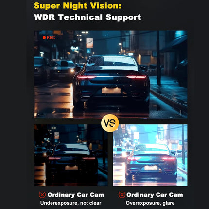 Comparison of night vision with WDR technical support on a car in an urban setting.