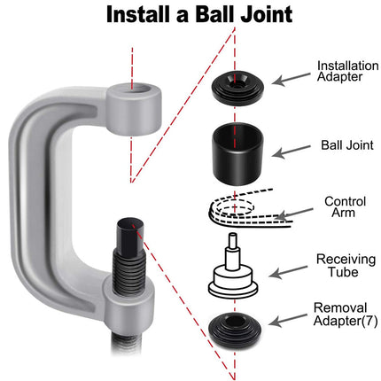 Diagram showing components and steps for installing a ball joint with labeled parts.