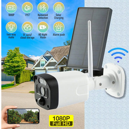 Solar-powered outdoor security camera with smartphone app interface, house in the background