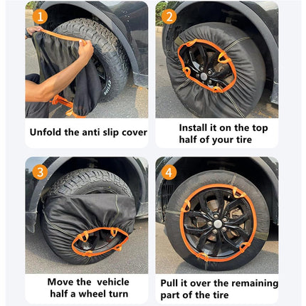 Four-step instructional graphic showing how to install an orange-and-black tire slip cover on a car wheel, with numbered panels and text instructions.