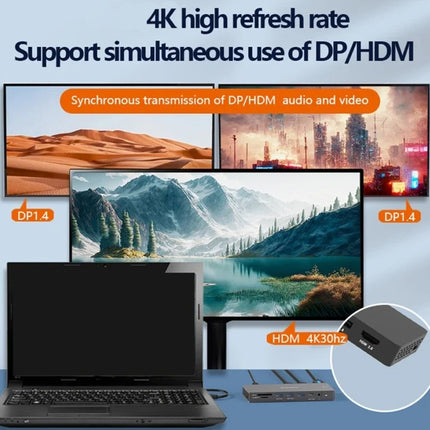 Laptop with multiple monitors displaying scenic images, featuring text about 4K high refresh rate and DP/HDMI support.