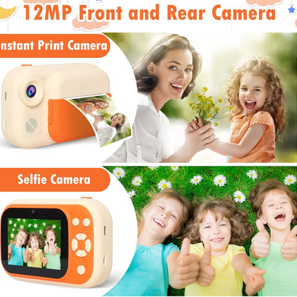 A promotional collage for a small instant camera with text reading '12MP Front and Rear Camera,' 'Instant Print Camera,' and 'Selfie Camera.' The product is shown twice: a compact cream-and-orange camera printing a photo, and a similar camera displaying a selfie on its screen.