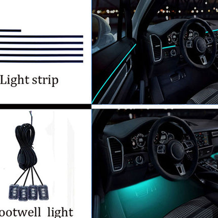 A four-panel collage showing a car lighting accessory set: five black light strips on the top left, a coiled black cable with four small light modules on the bottom left, and two car interior photos on the right demonstrating the strips and footwell lights glowing in teal at night.