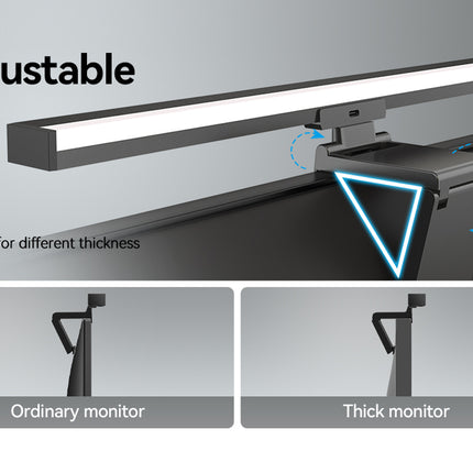 An adjustable desk monitor light bar shown on a gray gradient background, with text reading 'Adjustable' and 'Suitable for different thickness monitors.' Two smaller panels below compare the light bar to an ordinary monitor and a thick monitor.