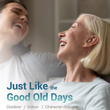 Two people laughing together with text 'Just Like the Good Old Days' on a white background