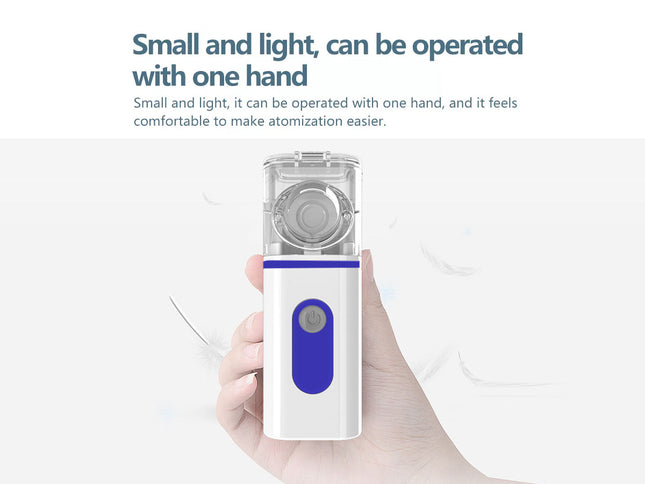 Hand holding a small and light device with text about its ease of use.