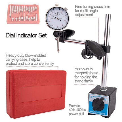 Dial indicator set with red carrying case and stand on a white background