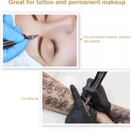 Tattoo and permanent makeup equipment with close-up shots on a white background.