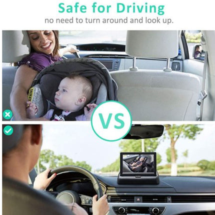 A promotional comparison graphic for a baby car seat in a car interior. The top panel shows a woman holding a baby in a dark gray baby car seat, with the text 'Safe for Driving' above.