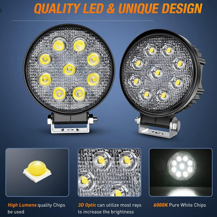 Two round LED lights with text highlighting quality and design on a blue background.