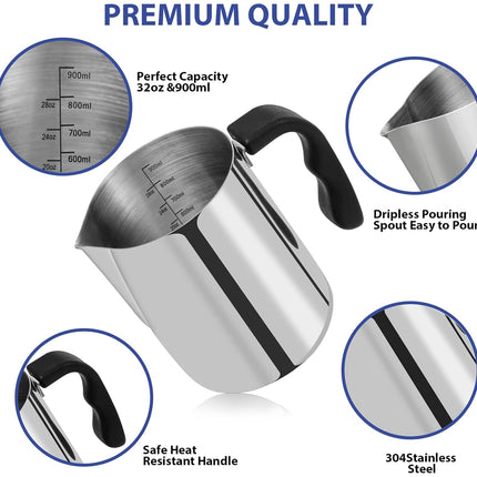 Stainless steel pitcher with features highlighted on a white background