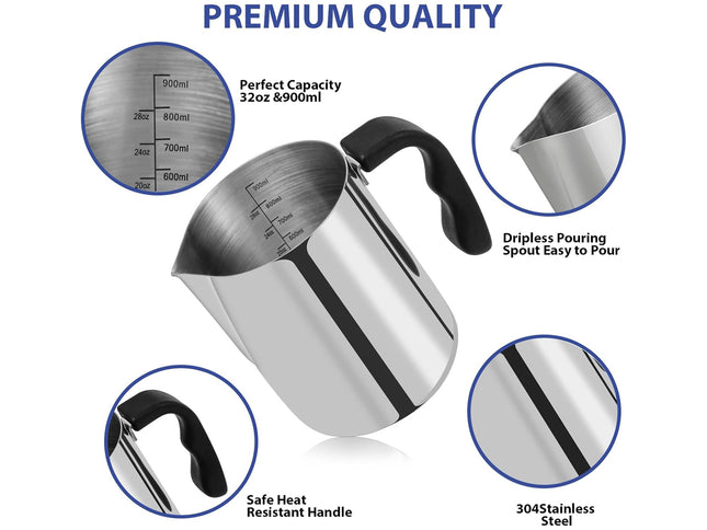 Stainless steel pitcher with features highlighted on a white background
