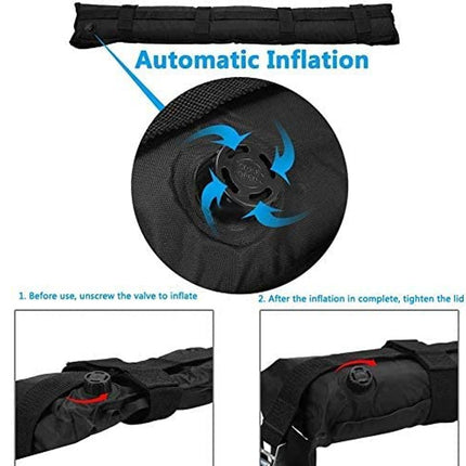 Black inflatable bag with automatic inflation mechanism and usage instructions on a white background.