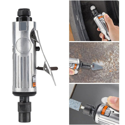 Pneumatic tool with close-up shots of its use on a white background