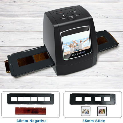 Film scanner with 35mm negative and slide slots on a wooden surface