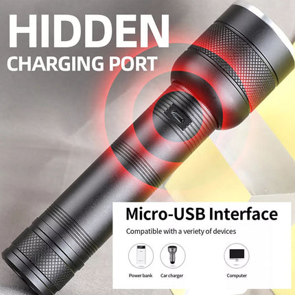 Black flashlight with hidden charging port and Micro-USB interface on a gray background