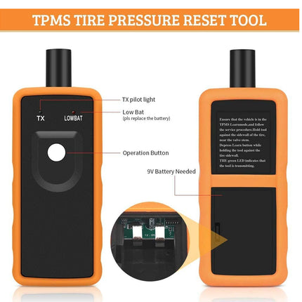 TPMS tire pressure reset tool with labeled parts on a white background