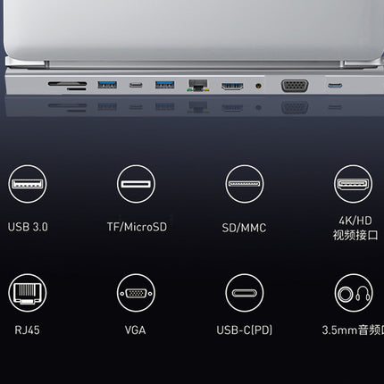 A laptop port expansion upgrade kit shown on a dark reflective background, featuring a silver laptop chassis with multiple USB-A, USB-C, TF, SD/MMC, RJ45, VGA, and audio ports, accompanied by labeled port icons below.