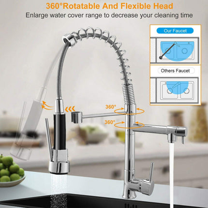 Chrome kitchen faucet with 360-degree rotation feature on a kitchen background