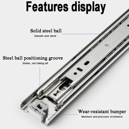 Metal drawer slide with features highlighted on a white background