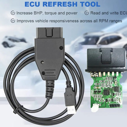 ECU refresh tool with cable and electronic board on a blurred car background
