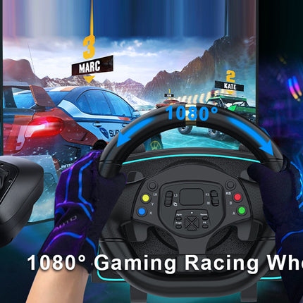 Gaming steering wheel and gear shift with racing game on screen