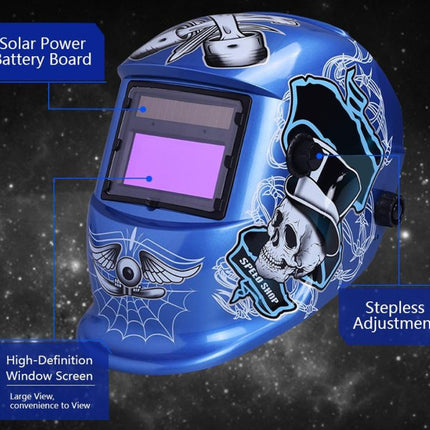 Blue welding helmet with features highlighted on a dark background