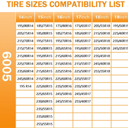 A tire sizes compatibility chart titled 'TIRE SIZES COMPATIBILITY LIST' with an orange sidebar labeled '6005' and columns for 14-inch through 19-inch tire sizes.