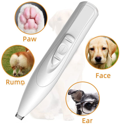 Grooming tool with images of a dog's paw, face, rump, and ear on a white background