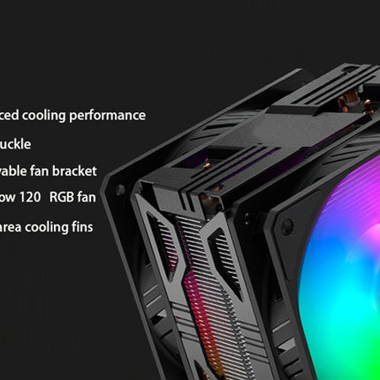 A black CPU cooler with a large RGB fan showing colorful light, set against a dark background with feature callouts on the left.