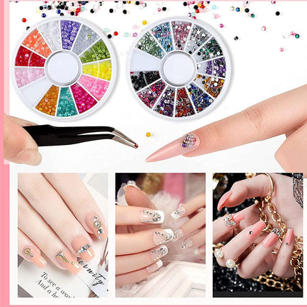 Nail art rhinestone wheel set shown with three hands displaying decorated nails, tweezers, and loose glitter on a pink background.